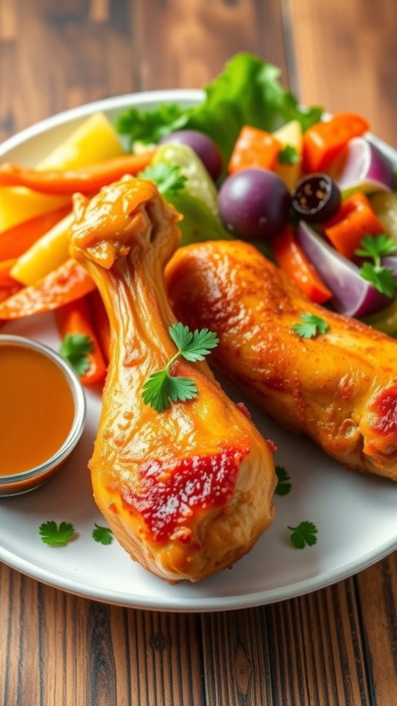 Oven-baked chicken drumsticks on a plate, garnished with parsley, served with salad and dipping sauce.